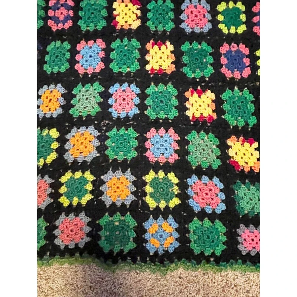 Handmade Crochet Granny Square Afghan Throw Blanket Black Multicolor Vintage